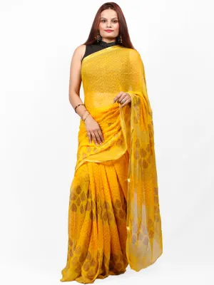 Bright Yellow Hand Block Printed Chiffon Saree with Zari Border - S031703417