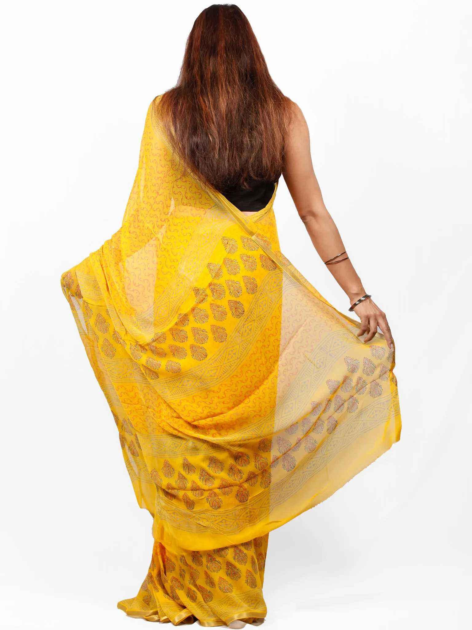 Bright Yellow Hand Block Printed Chiffon Saree with Zari Border - S031703417