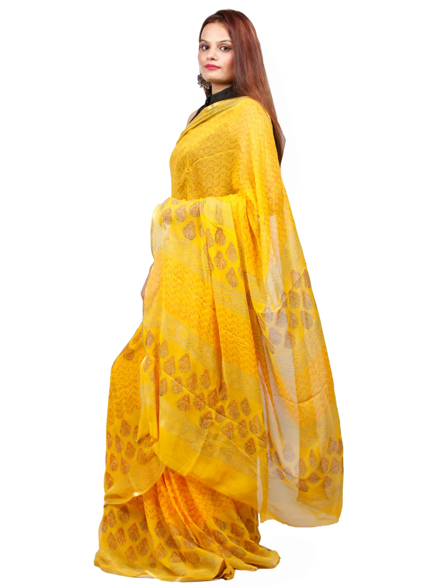 Bright Yellow Hand Block Printed Chiffon Saree with Zari Border - S031703417