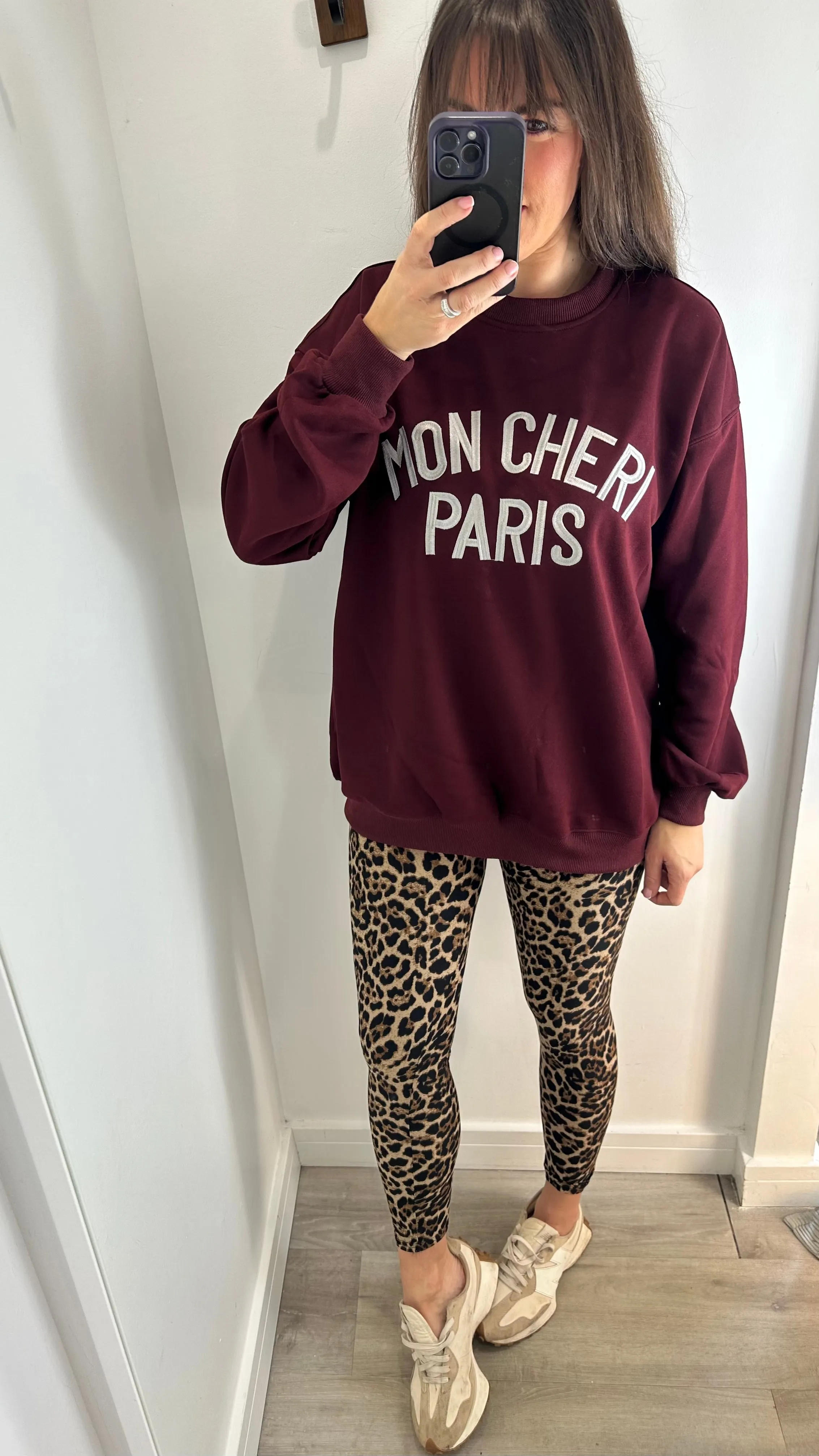 BURGUNDY 'MON CHERI' SLOGAN EMBOSSED SWEATSHIRT