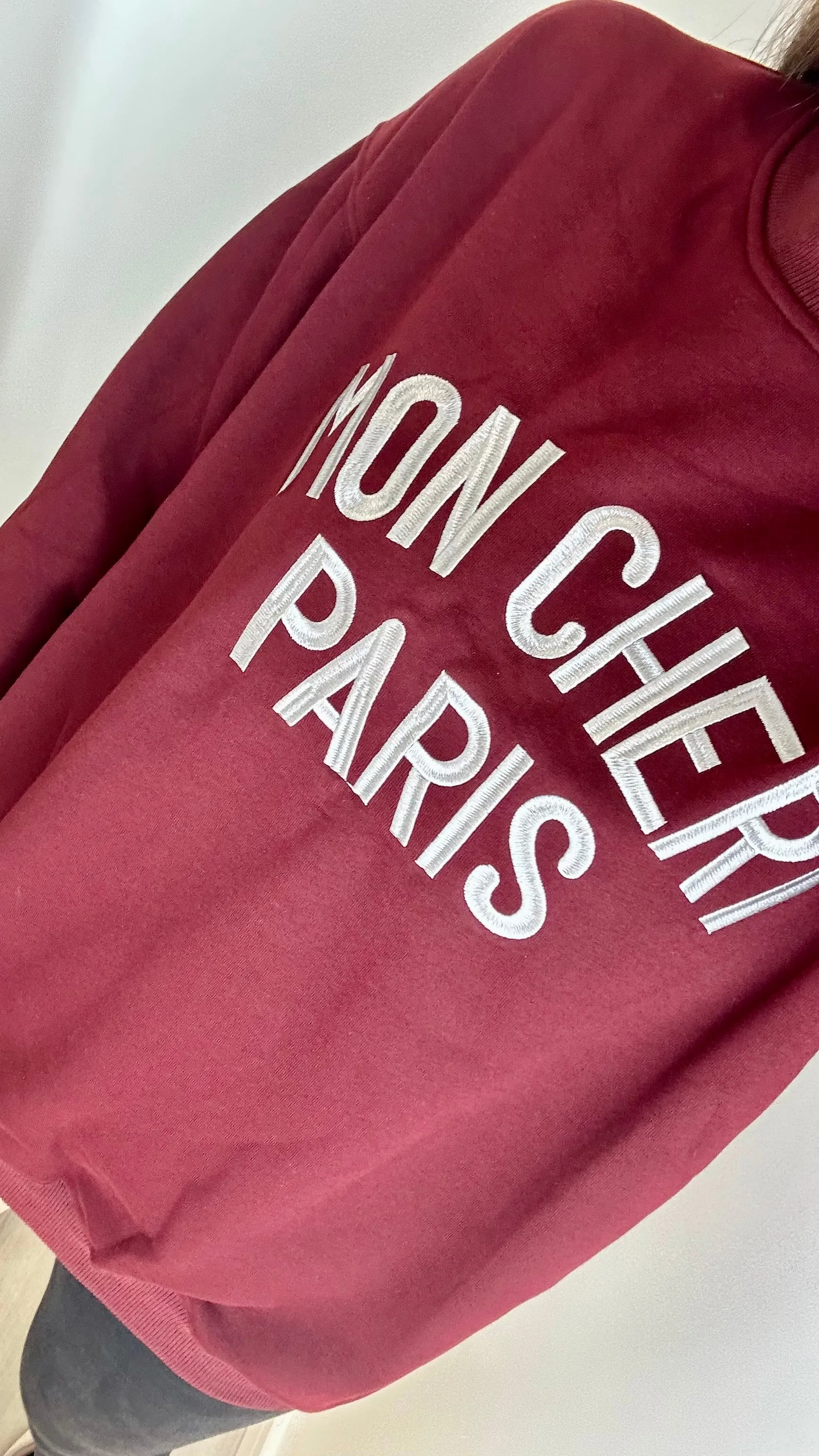 BURGUNDY 'MON CHERI' SLOGAN EMBOSSED SWEATSHIRT