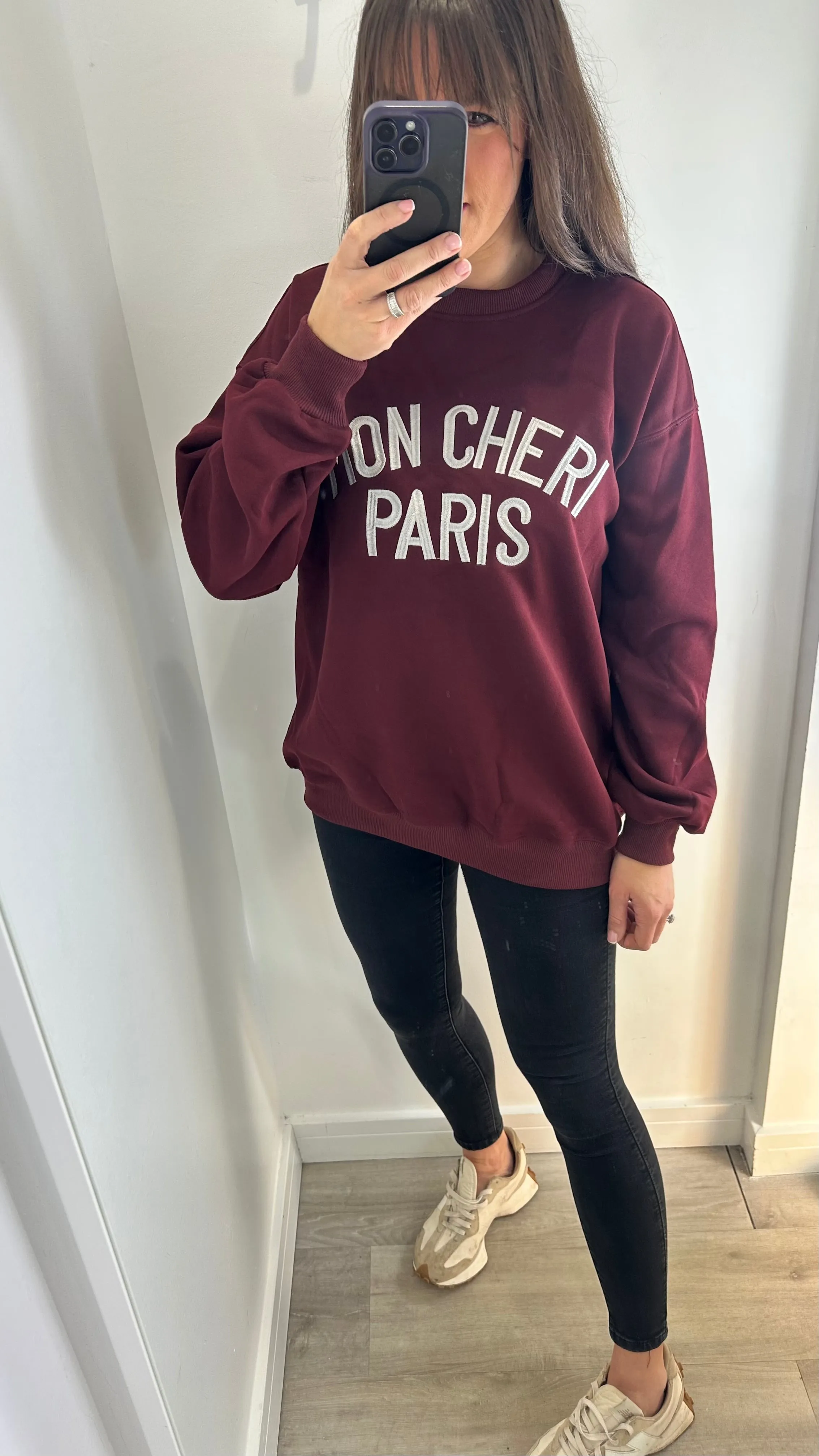 BURGUNDY 'MON CHERI' SLOGAN EMBOSSED SWEATSHIRT