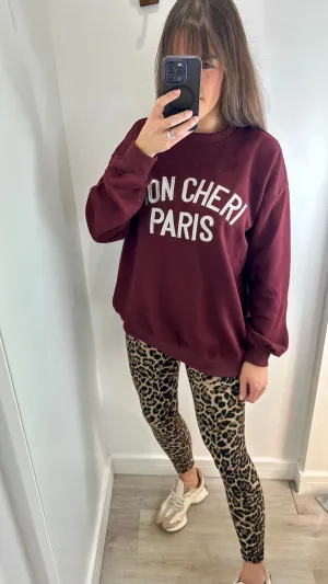 BURGUNDY 'MON CHERI' SLOGAN EMBOSSED SWEATSHIRT