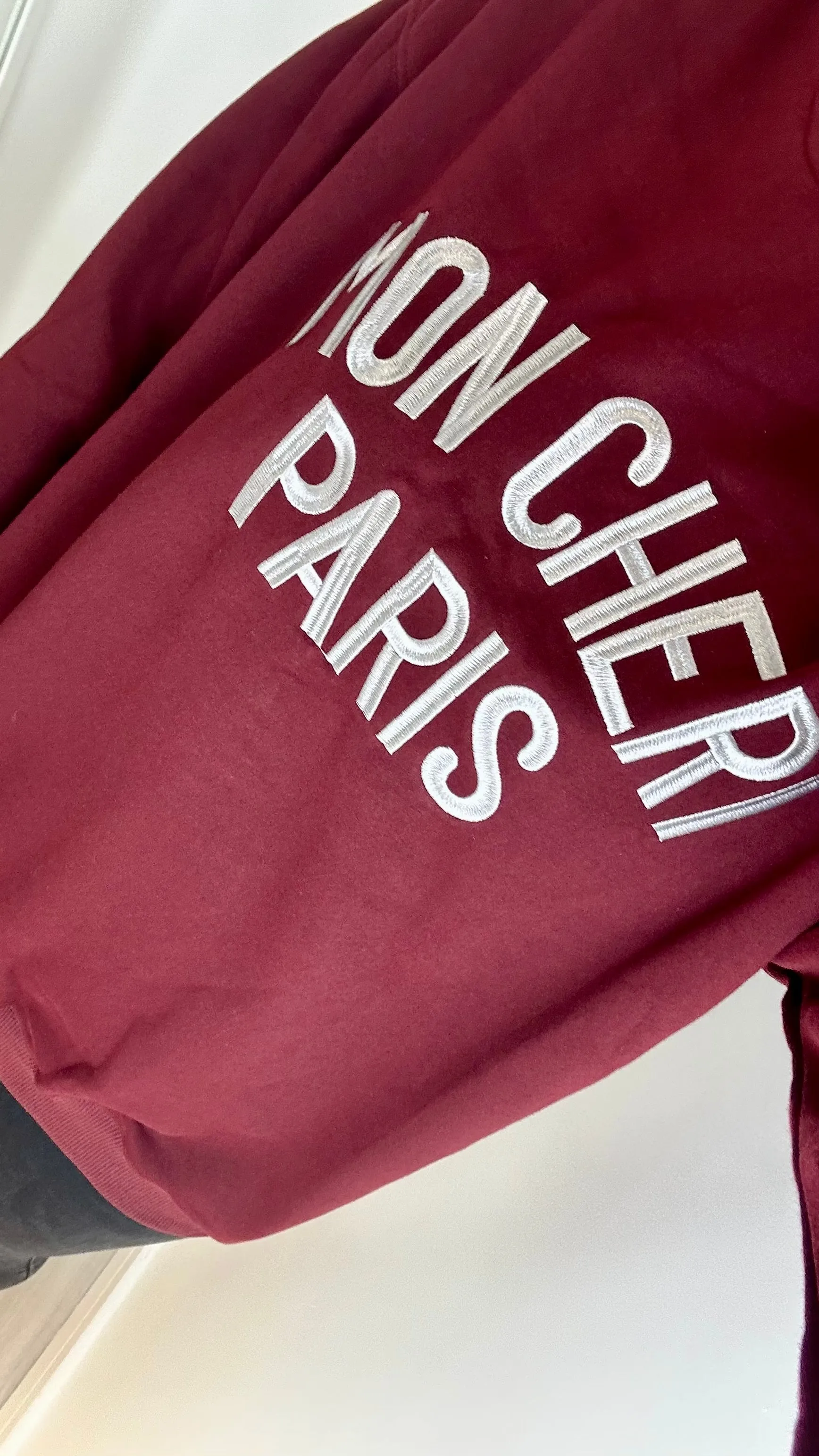 BURGUNDY 'MON CHERI' SLOGAN EMBOSSED SWEATSHIRT