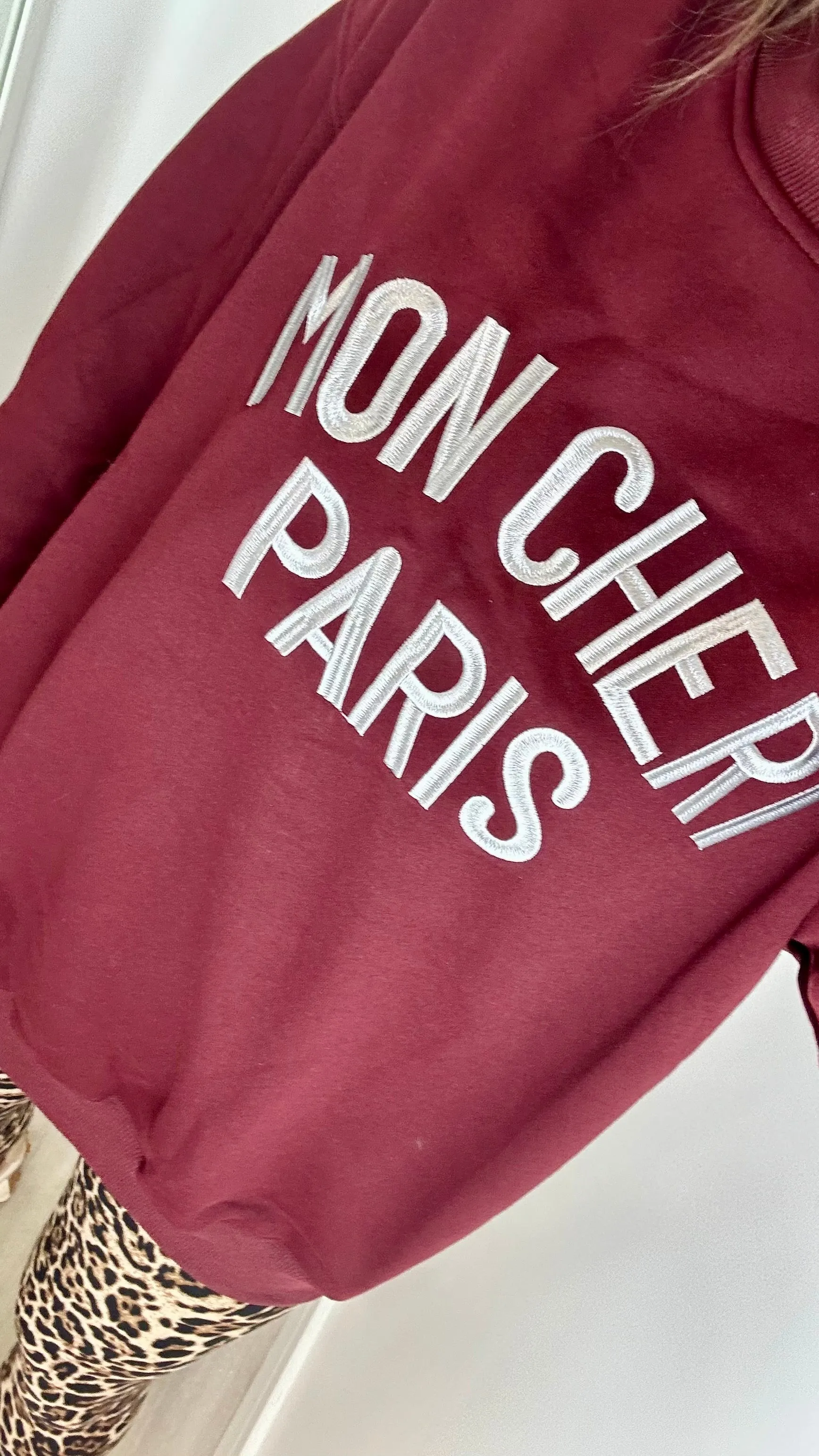 BURGUNDY 'MON CHERI' SLOGAN EMBOSSED SWEATSHIRT