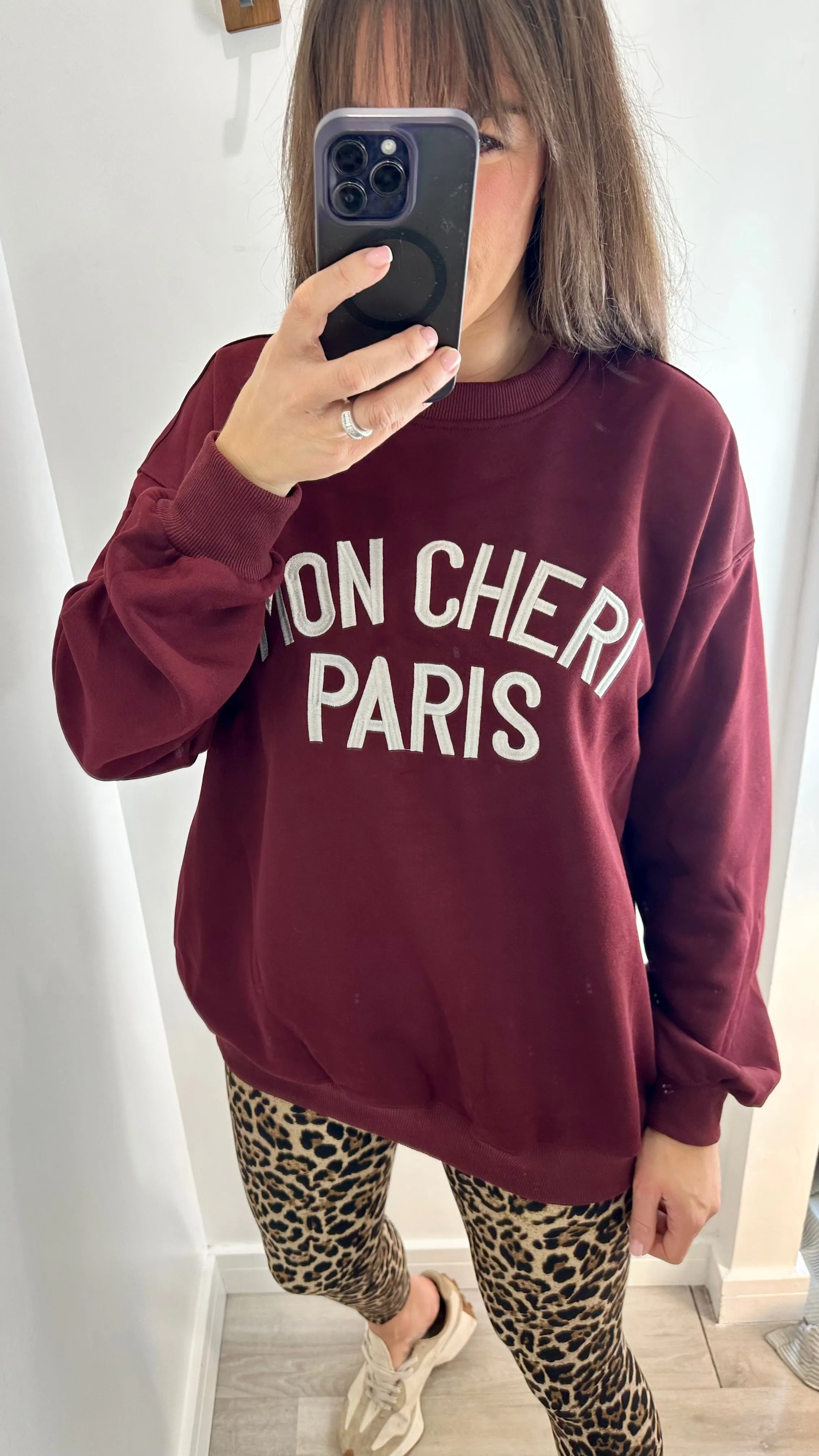 BURGUNDY 'MON CHERI' SLOGAN EMBOSSED SWEATSHIRT