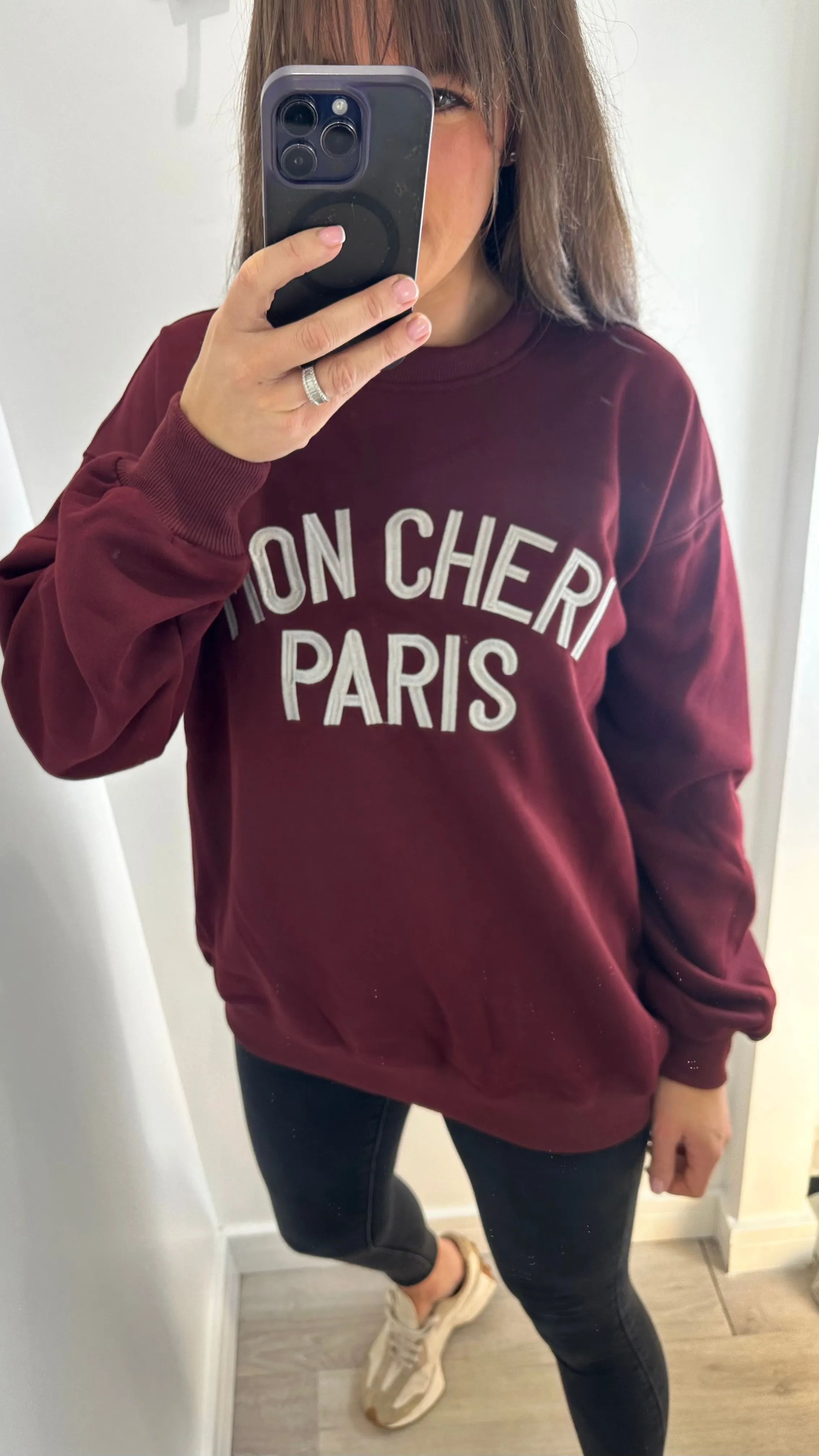 BURGUNDY 'MON CHERI' SLOGAN EMBOSSED SWEATSHIRT