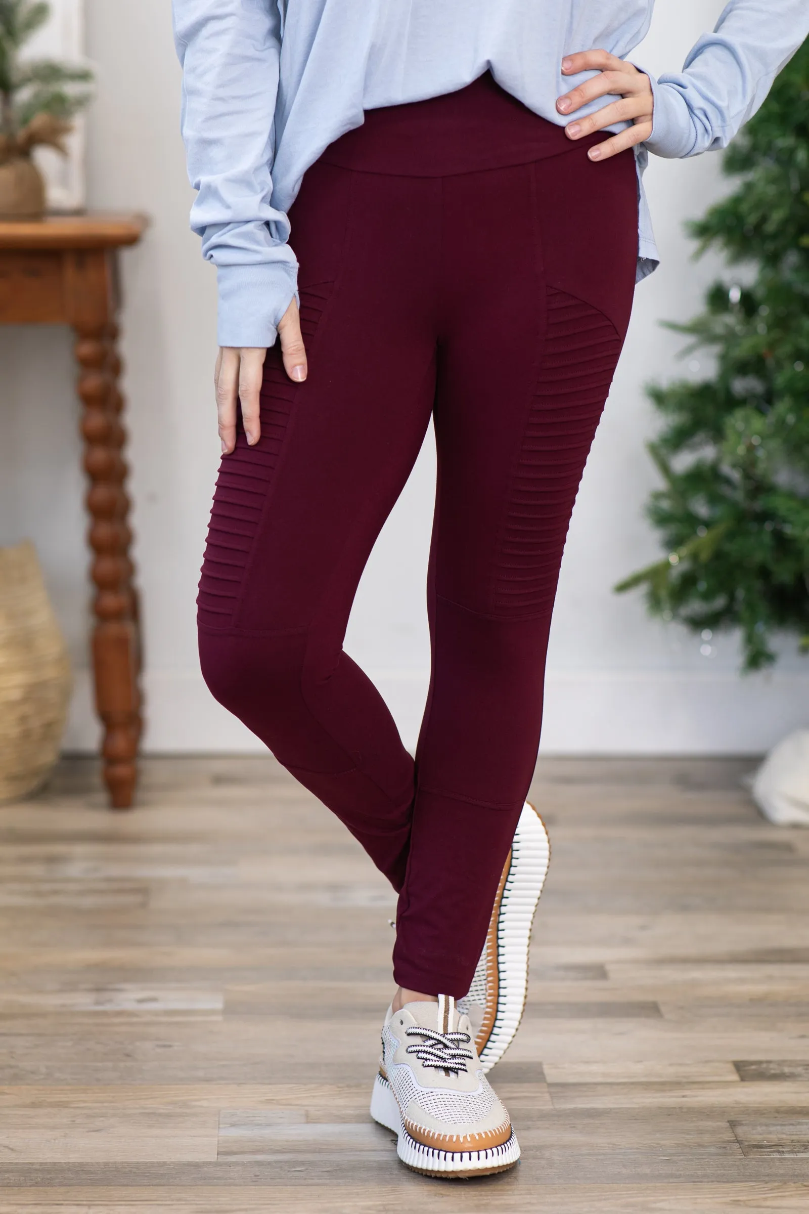 Burgundy Wide Waistband Moto Leggings