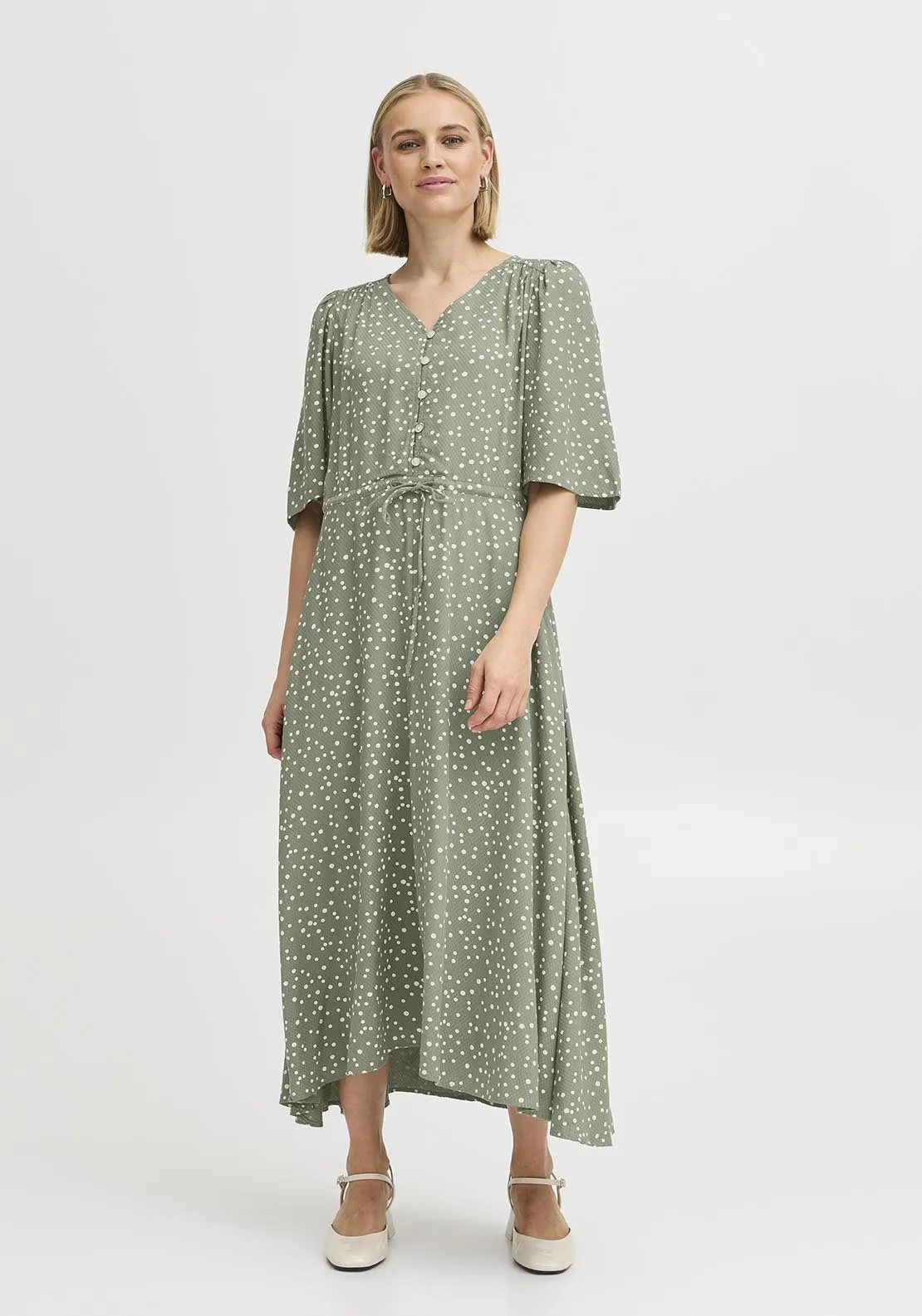 Casual Flared Sleeve Light Woven Dress - Green