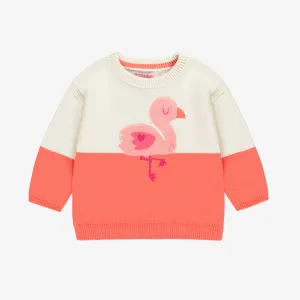 Chandail crème et rose avec flamant, bébé || Cream and pink sweater with flamingo, baby