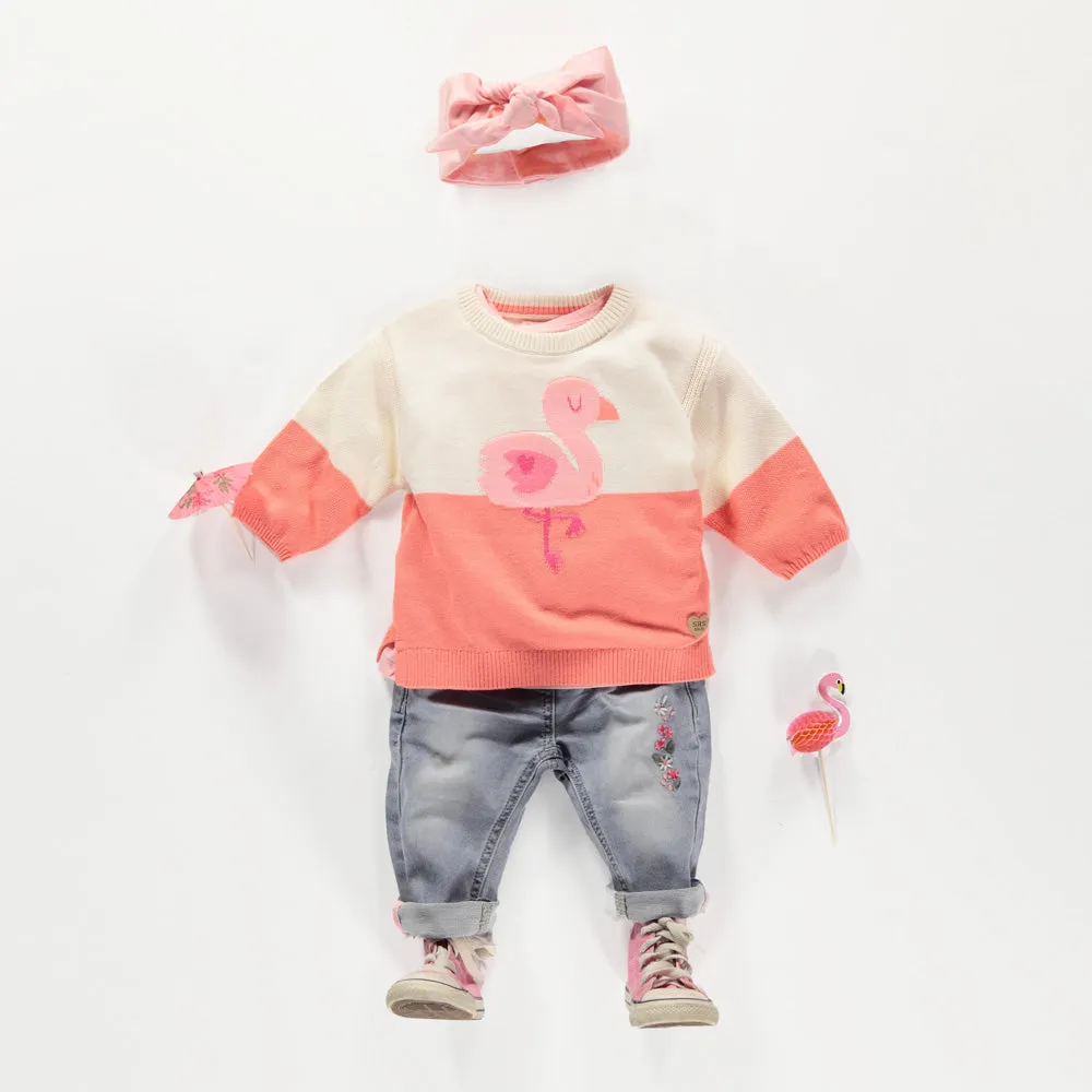 Chandail crème et rose avec flamant, bébé || Cream and pink sweater with flamingo, baby