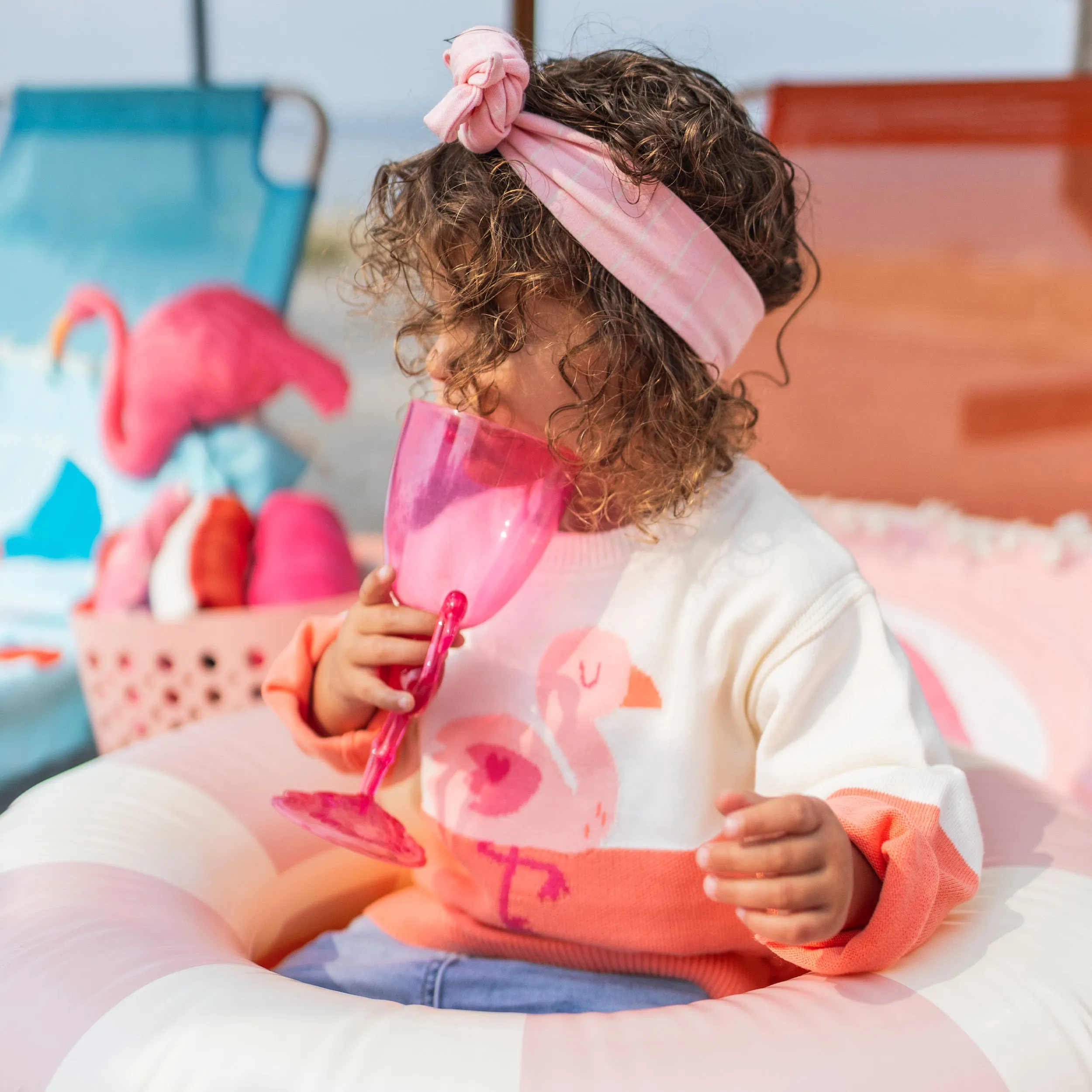 Chandail crème et rose avec flamant, bébé || Cream and pink sweater with flamingo, baby
