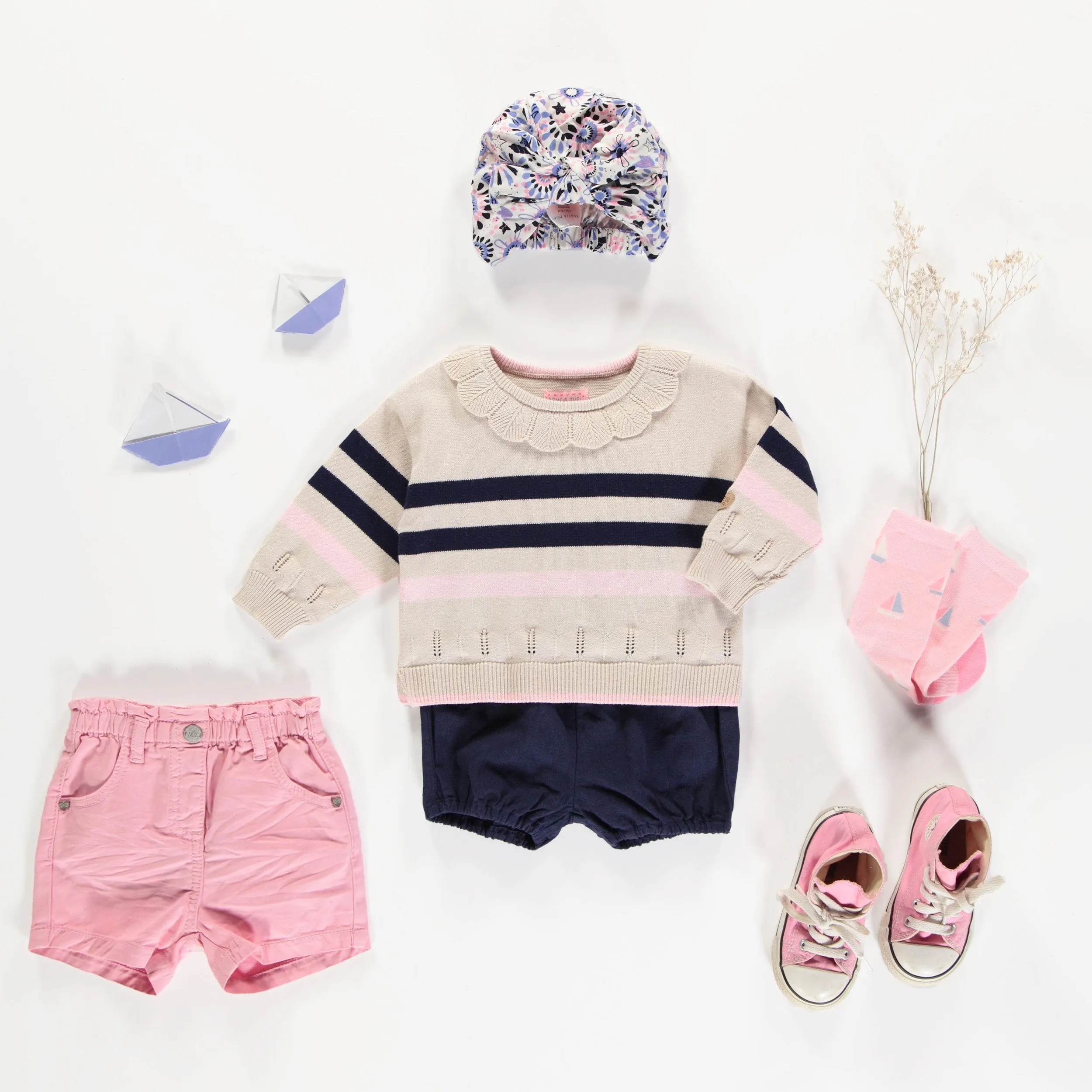 Chandail de maille manches longues crème et marine, bébé || Cream and navy long sleeves knit sweater, baby
