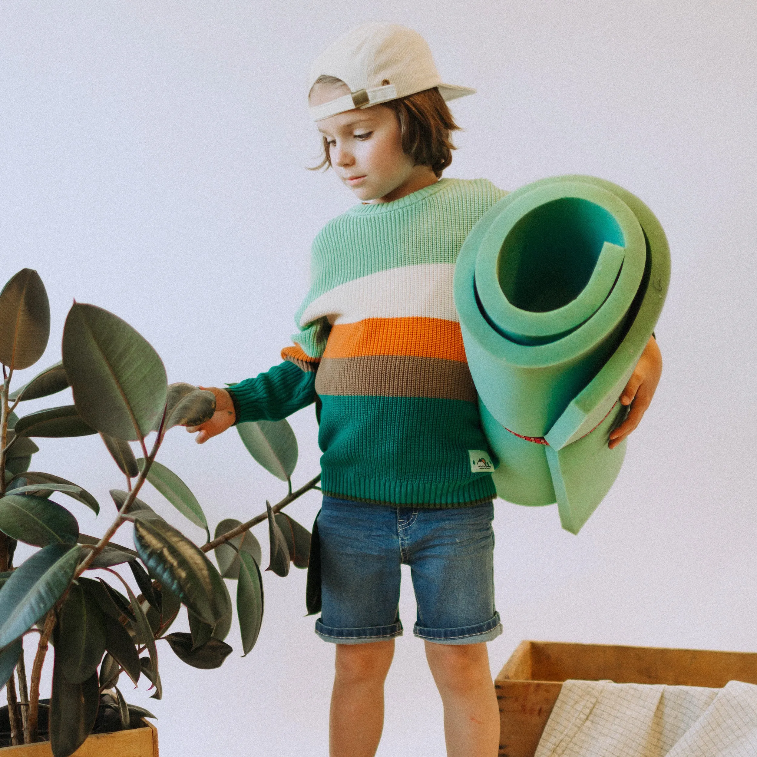 Chandail de maille manches longues vert, crème et orange, enfant || Long sleeves rib knit sweater green, cream orange, child