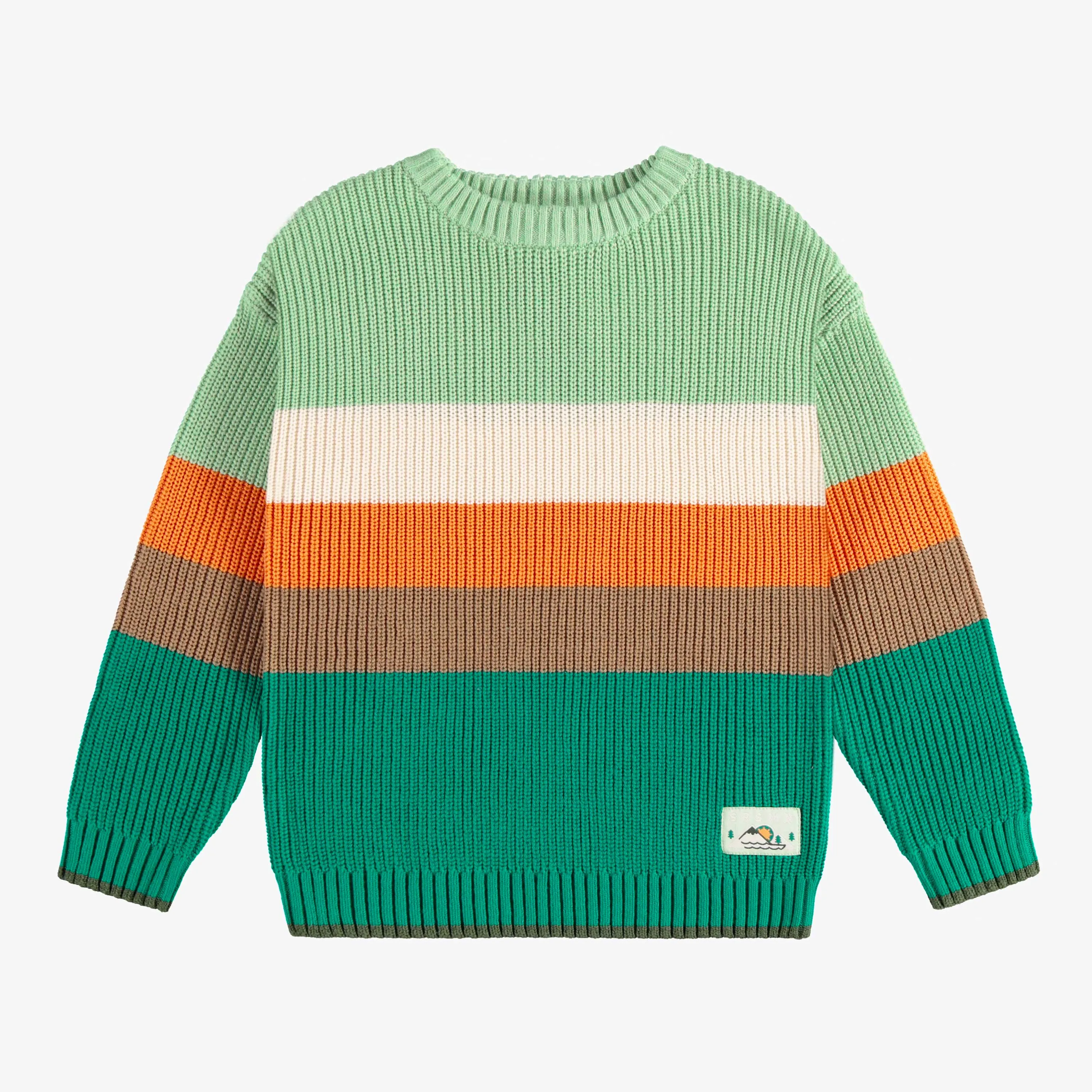 Chandail de maille manches longues vert, crème et orange, enfant || Long sleeves rib knit sweater green, cream orange, child