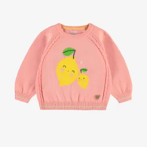 Chandail de tricot rose à motif de citrons, bébé || Pink knit sweater with lemon pattern, baby