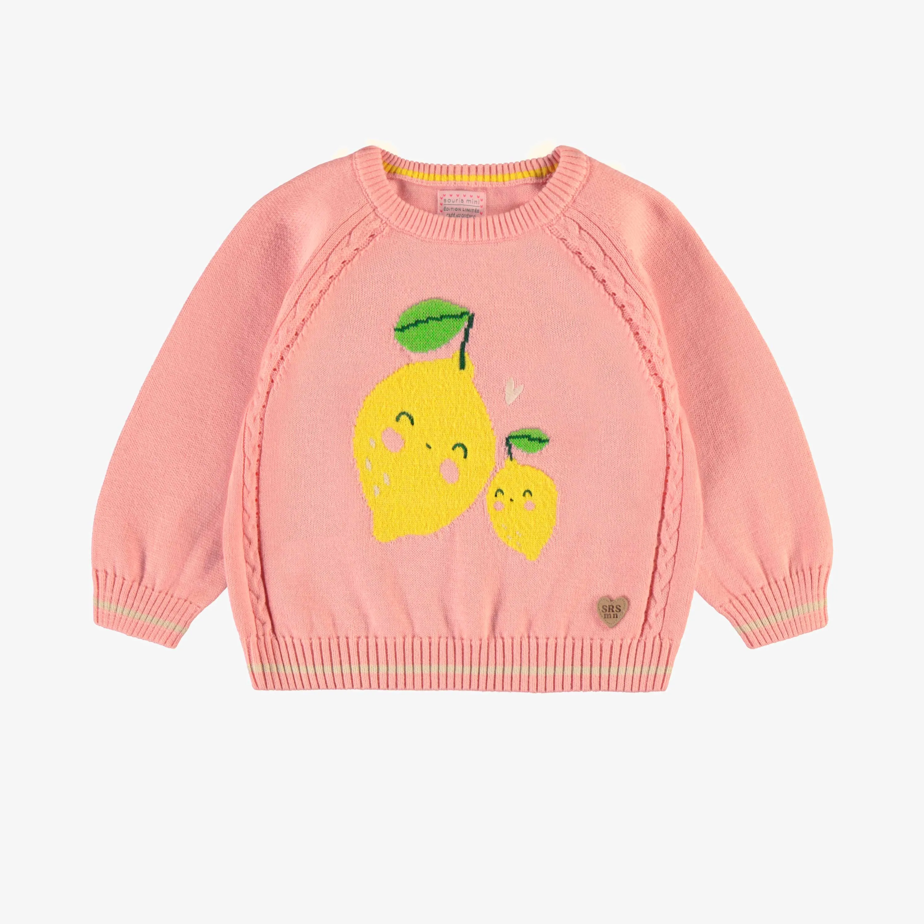 Chandail de tricot rose à motif de citrons, bébé || Pink knit sweater with lemon pattern, baby