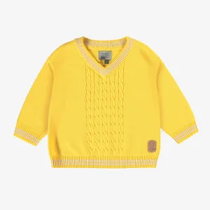 Chandail en tricot jaune col V, bébé || Yellow knit sweater with V neck, baby