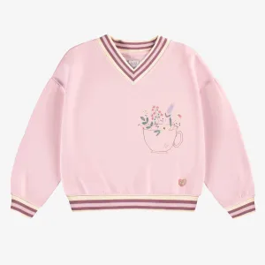 Chandail rose en coton français avec illustration, enfant || Pink sweater in French terry with illustration, child