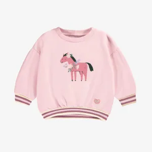 Chandail rose en coton français avec imprimé de cheval, bébé || Pink sweater in French terry with horse print, baby