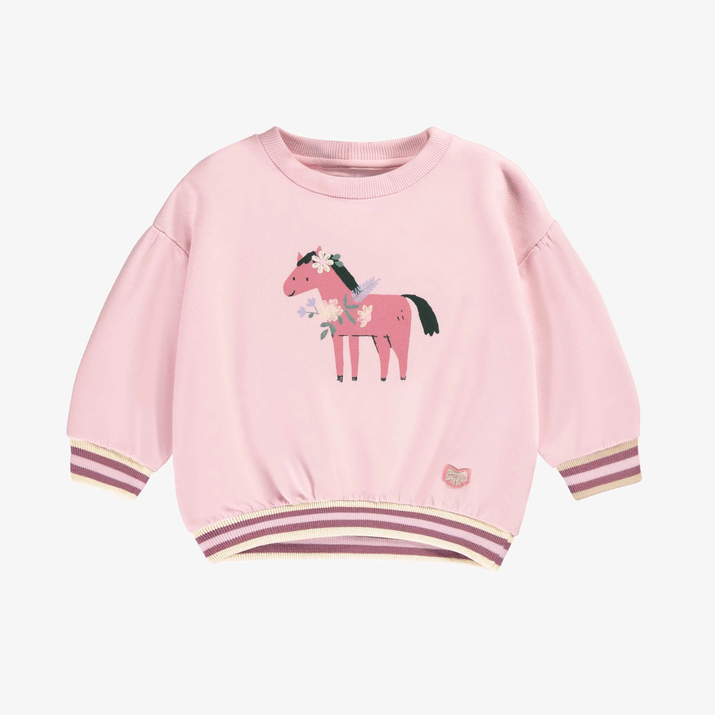 Chandail rose en coton français avec imprimé de cheval, bébé || Pink sweater in French terry with horse print, baby
