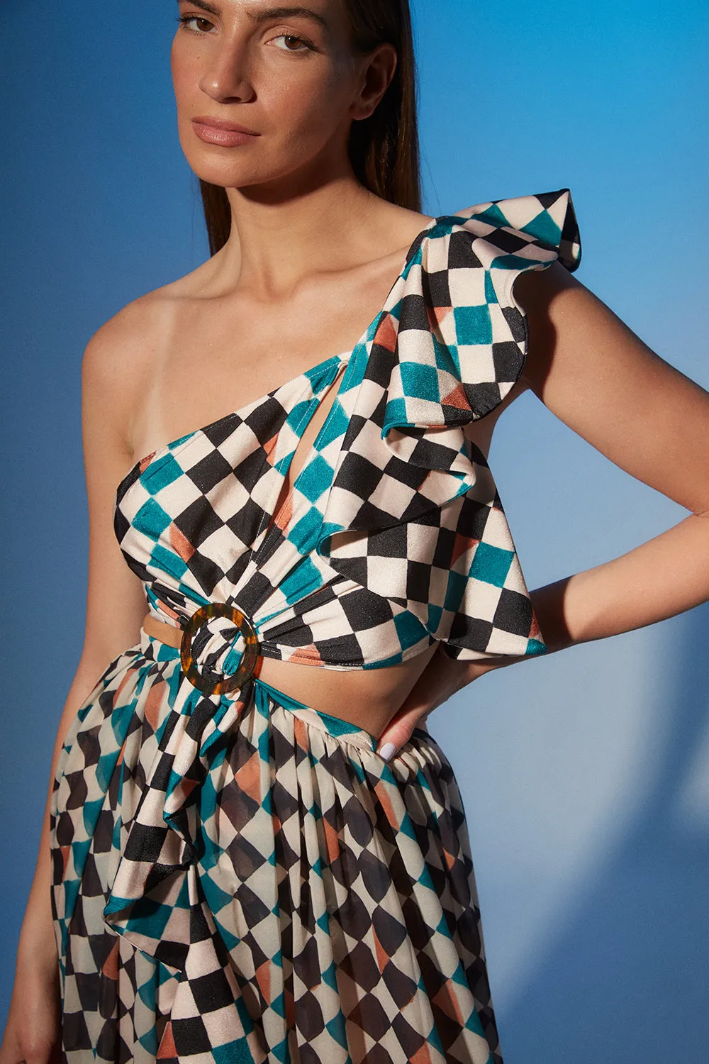 CHECK ONE SHOULDER BEACH DRESS