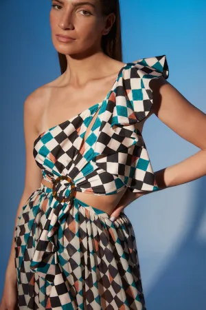 CHECK ONE SHOULDER BEACH DRESS