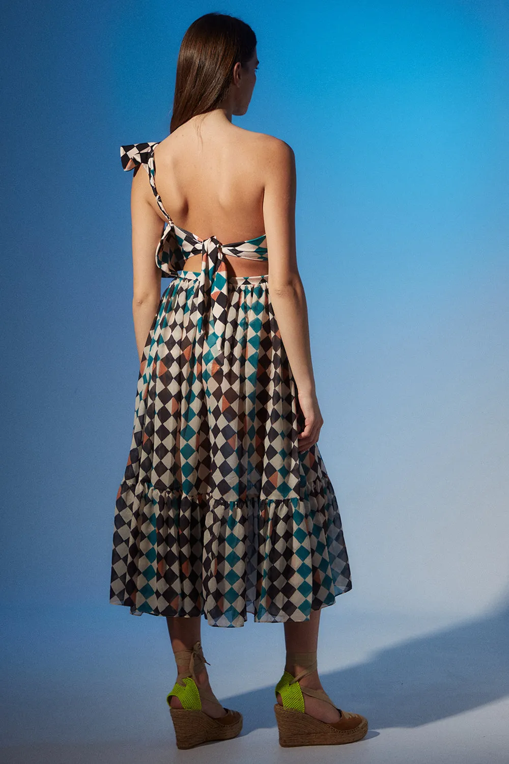 CHECK ONE SHOULDER BEACH DRESS