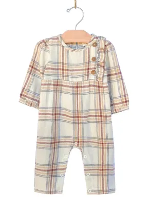 City Mouse Side Button Flannel Romper - Light Taupe
