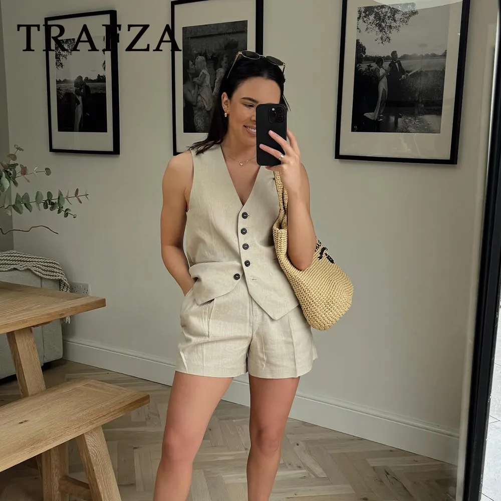 cold weather outfits JazzHer 2024 Spring Summer Casual Women Solid Suits Fashion Single Breasted Sleeveless V Neck Vests Streetwear Chic Shorts