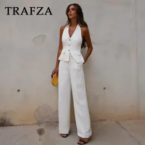 cold weather outfits JazzHer 2024 Spring Summer Casual Women Solid Suits Fashion V Neck Halter Single Breasted Vests Chic High Waist Wide Leg Pants
