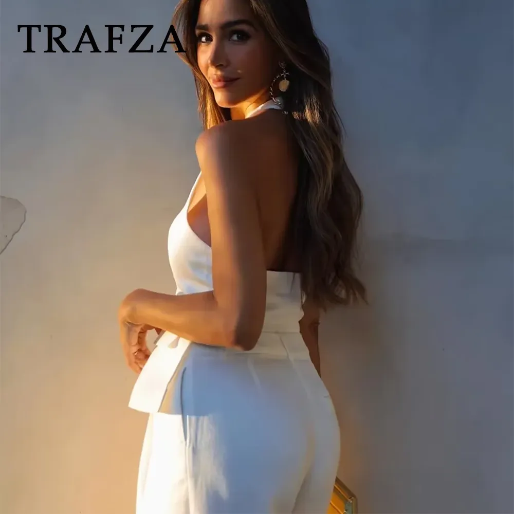 cold weather outfits JazzHer 2024 Spring Summer Casual Women Solid Suits Fashion V Neck Halter Single Breasted Vests Chic High Waist Wide Leg Pants