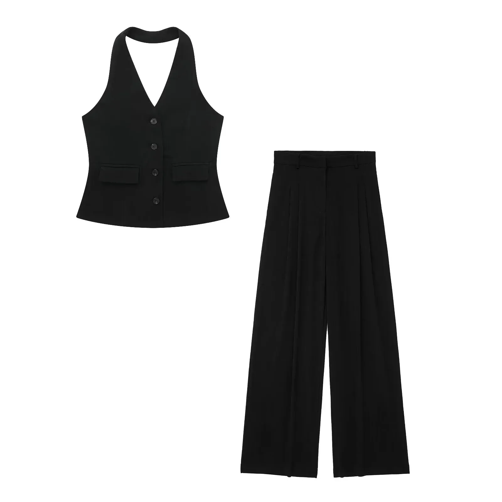 cold weather outfits JazzHer 2024 Spring Summer Casual Women Solid Suits Fashion V Neck Halter Single Breasted Vests Chic High Waist Wide Leg Pants