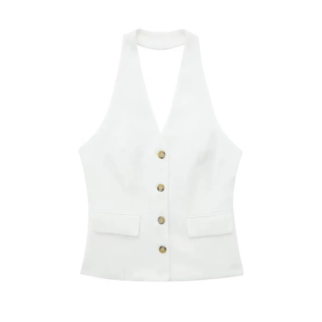 cold weather outfits JazzHer 2024 Spring Summer Casual Women Solid Suits Fashion V Neck Halter Single Breasted Vests Chic High Waist Wide Leg Pants