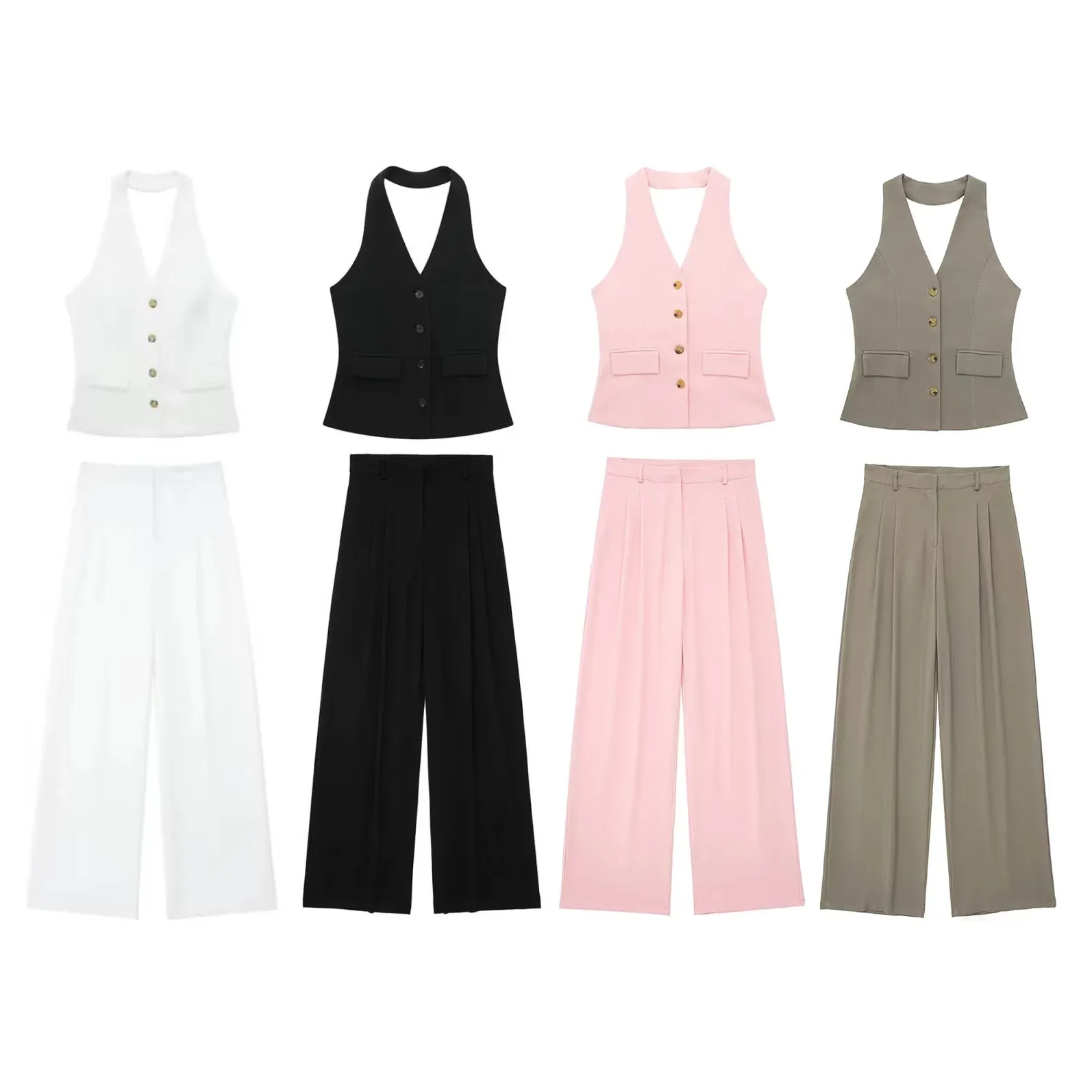 cold weather outfits JazzHer 2024 Spring Summer Casual Women Solid Suits Fashion V Neck Halter Single Breasted Vests Chic High Waist Wide Leg Pants