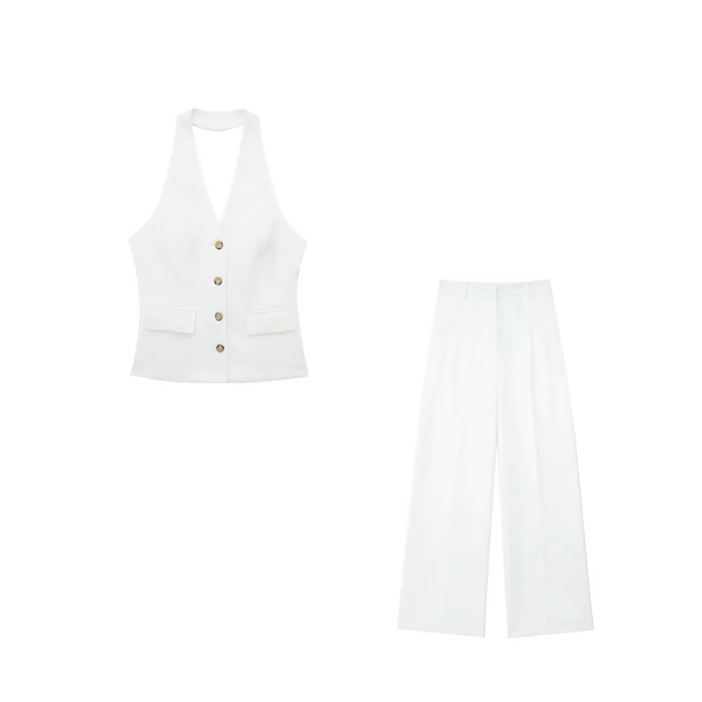 cold weather outfits JazzHer 2024 Spring Summer Casual Women Solid Suits Fashion V Neck Halter Single Breasted Vests Chic High Waist Wide Leg Pants