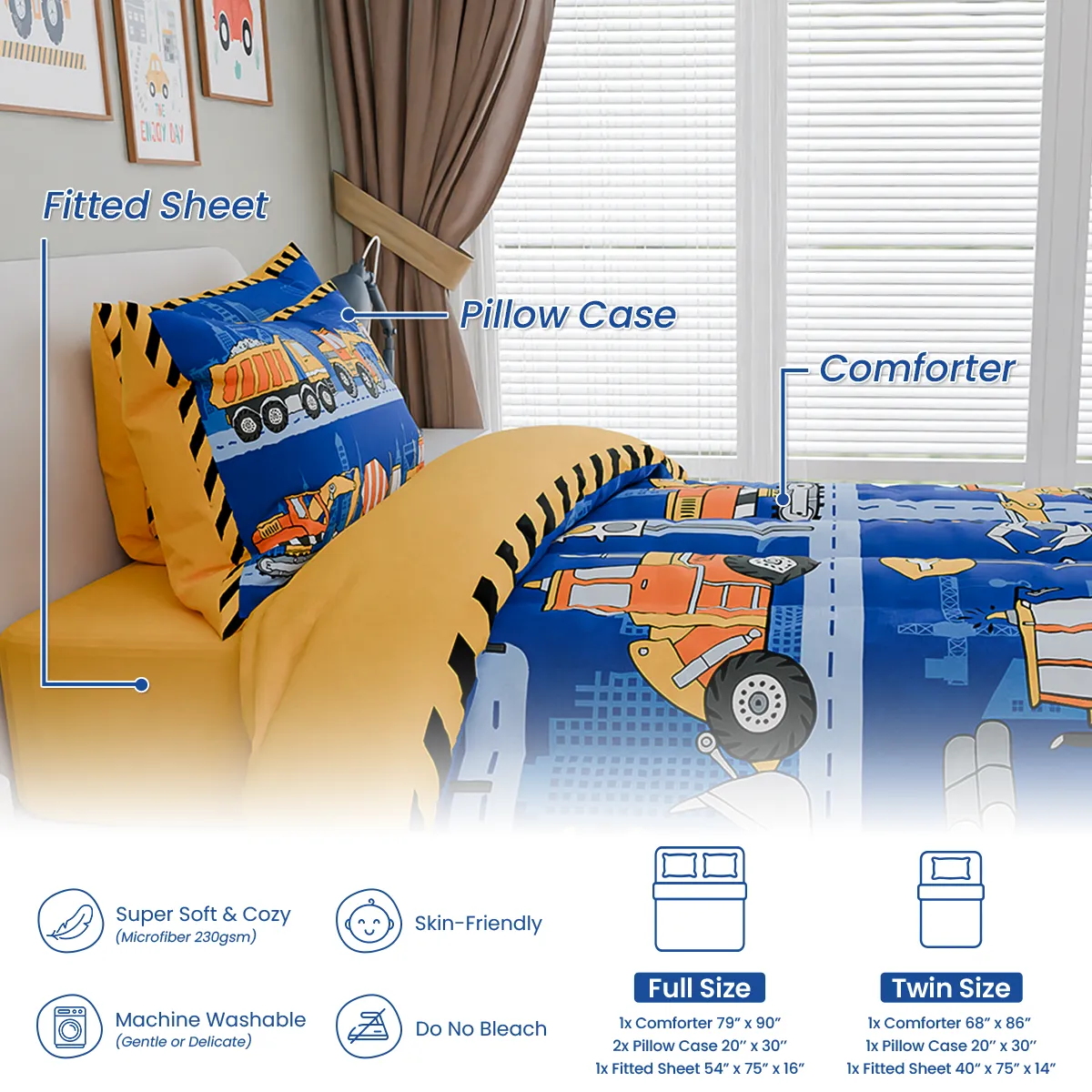 Construction Bedding Sets for Boys, Ultra Soft Microfiber Comforter Bed Set with 3-Pieces, Comforters Sets for Kids Children Boy Bedroom Decor
