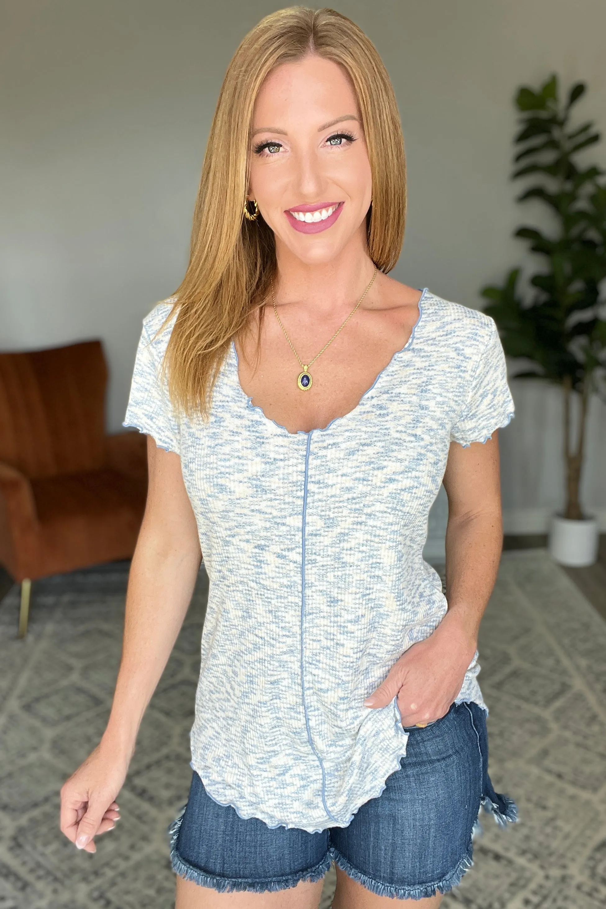 Count Me In Cap Sleeve Top in Heathered Light Blue