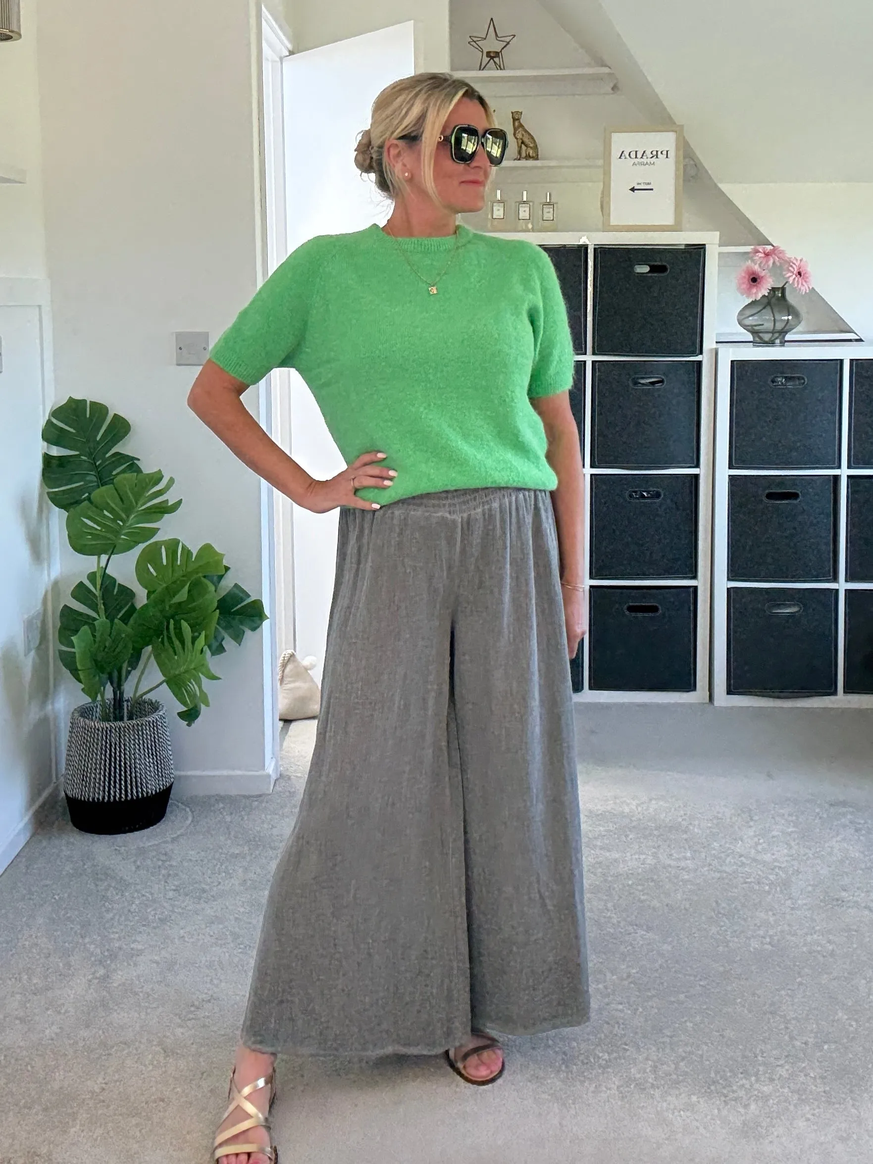 Dark Grey Washed Linen Wide Leg Trousers
