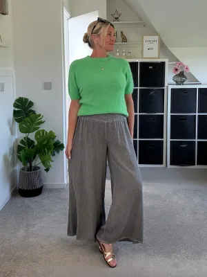 Dark Grey Washed Linen Wide Leg Trousers