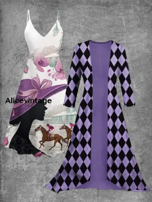 Derby Art Print Vintage Elegant Suspender Dress Two Piece Sets