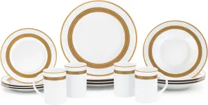 Dinnerware Set for 4 - White with Gold Rope Vintage Design - Porcelain Dish Set Tableware Setting with Mug for Every Day Use or Formal Occasions (Rope 2016, 16 PIECE SET)