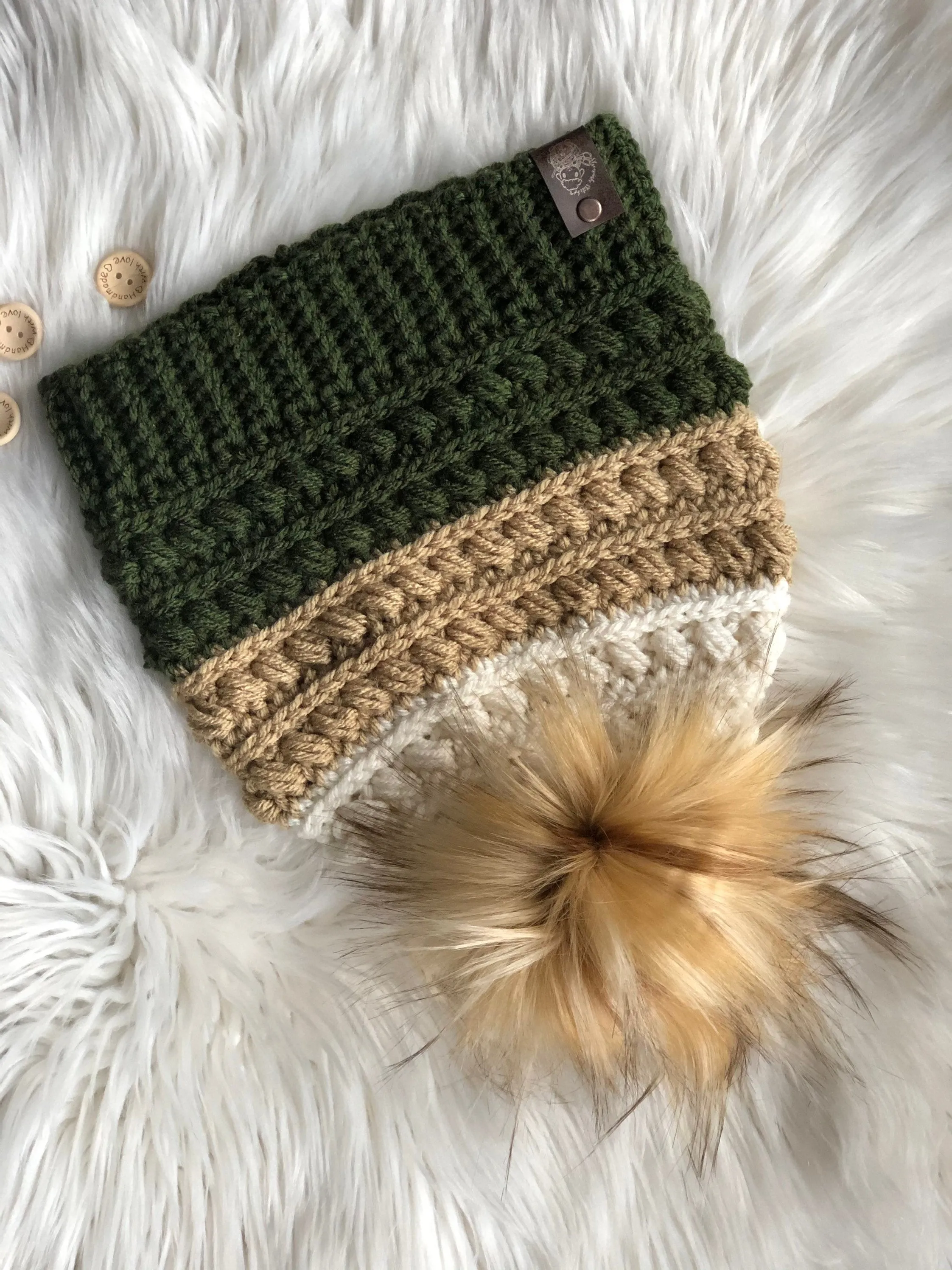 Drab green crochet beanie, olive toque, baby hat, childs cap, fall fashion, winter accessories, army green, faux fur pom pom