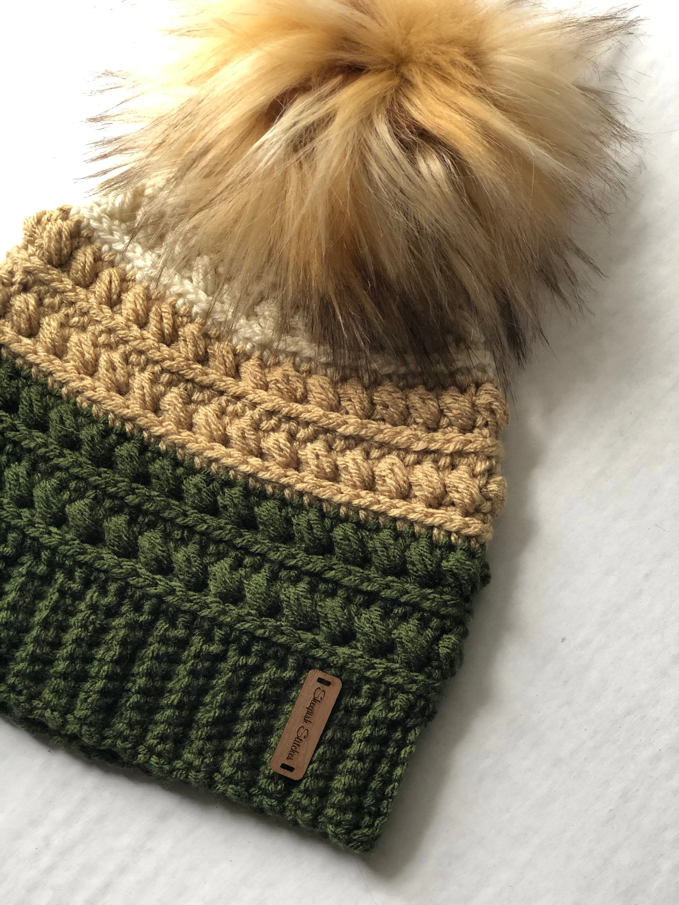 Drab green crochet beanie, olive toque, baby hat, childs cap, fall fashion, winter accessories, army green, faux fur pom pom