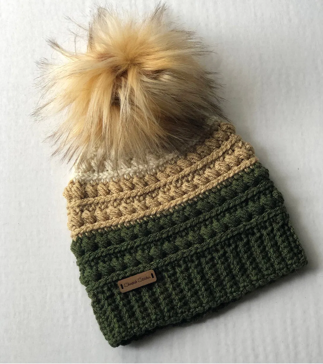 Drab green crochet beanie, olive toque, baby hat, childs cap, fall fashion, winter accessories, army green, faux fur pom pom