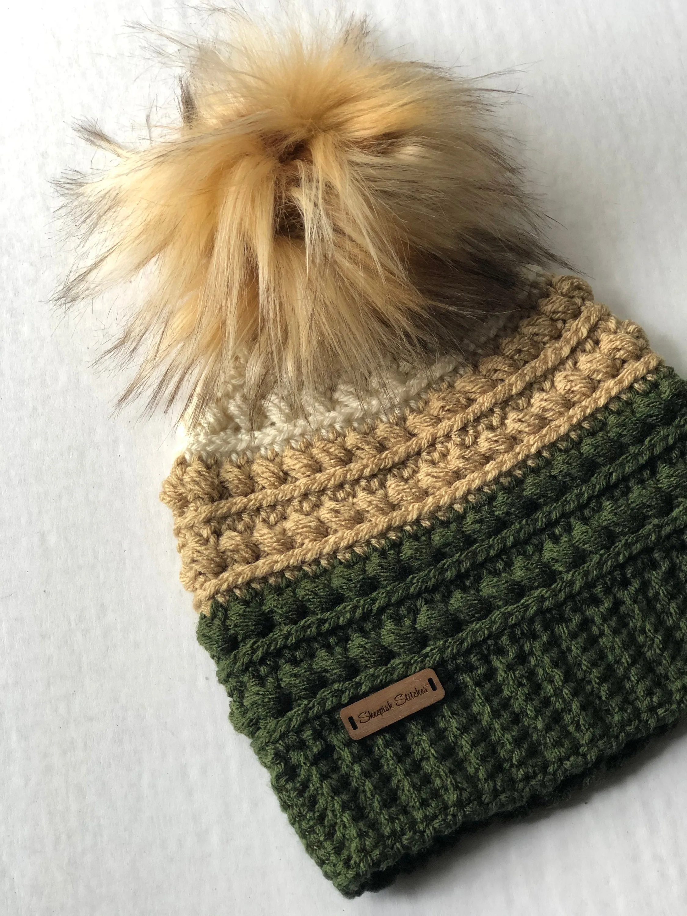 Drab green crochet beanie, olive toque, baby hat, childs cap, fall fashion, winter accessories, army green, faux fur pom pom