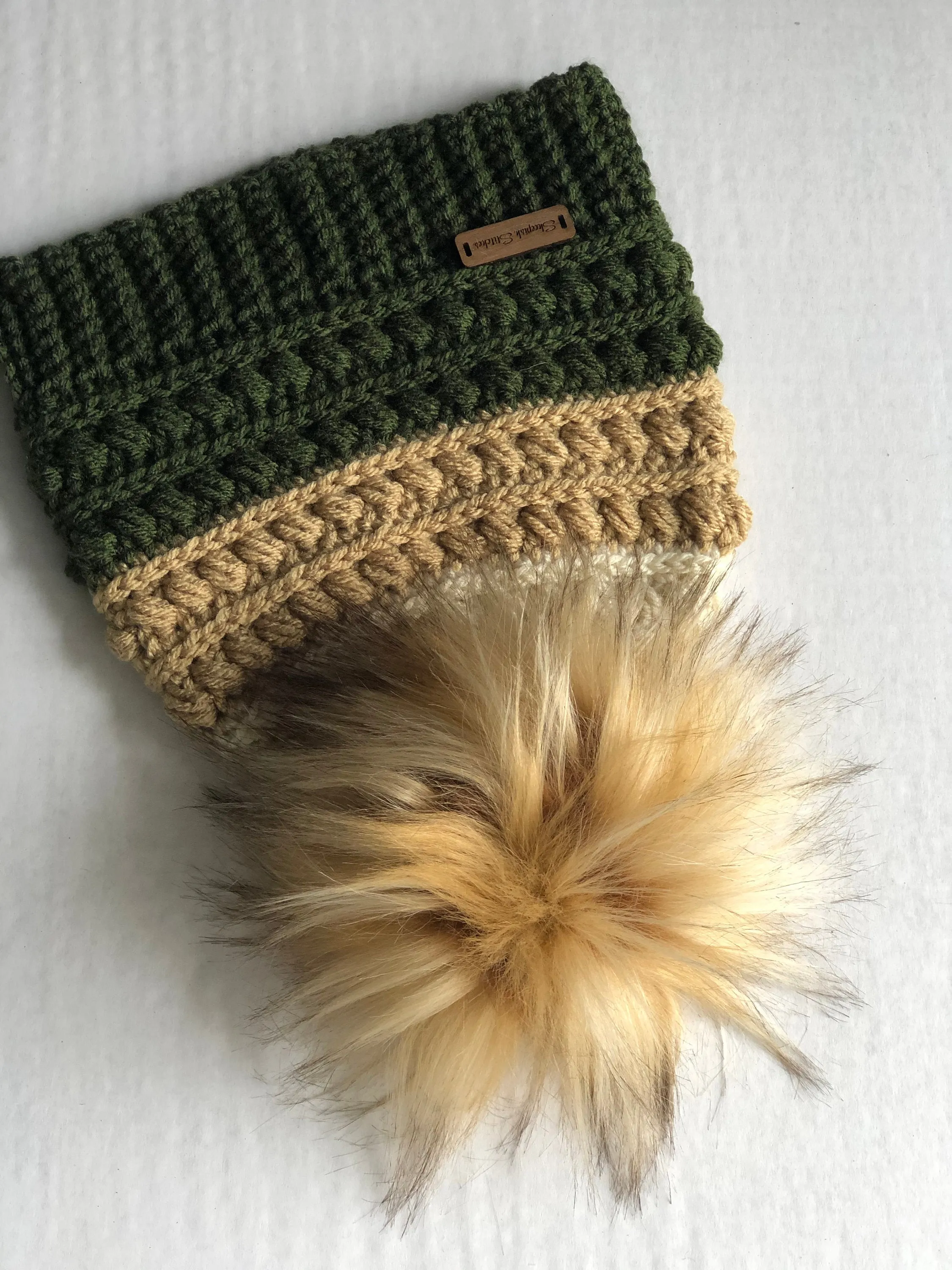 Drab green crochet beanie, olive toque, baby hat, childs cap, fall fashion, winter accessories, army green, faux fur pom pom