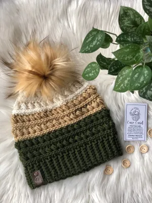 Drab green crochet beanie, olive toque, baby hat, childs cap, fall fashion, winter accessories, army green, faux fur pom pom