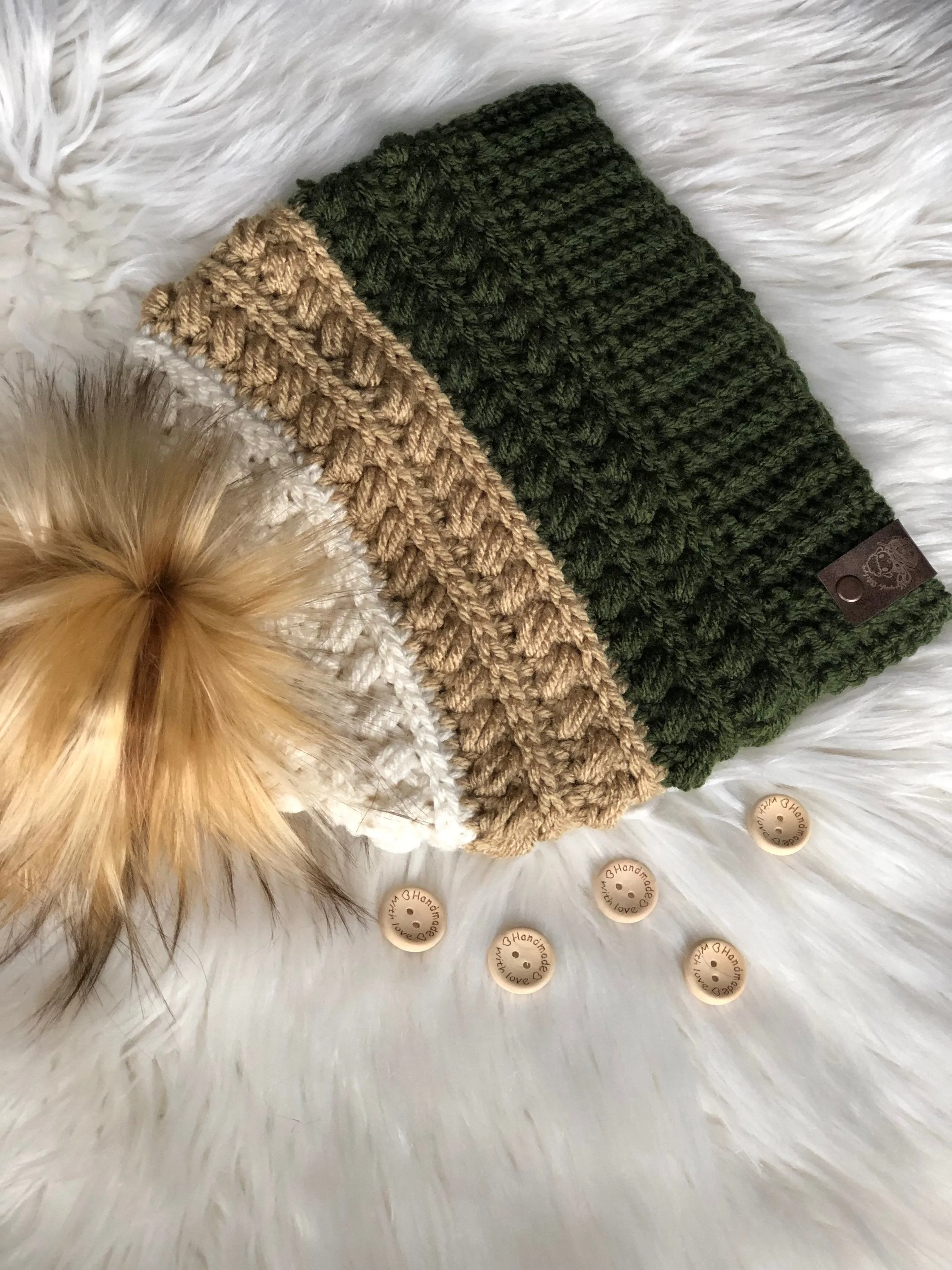 Drab green crochet beanie, olive toque, baby hat, childs cap, fall fashion, winter accessories, army green, faux fur pom pom