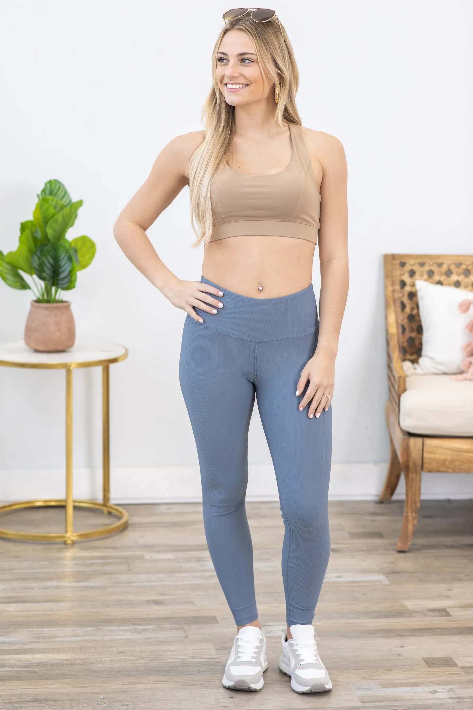 Dusty Blue Micro Ribbed Lycra Blend Leggings